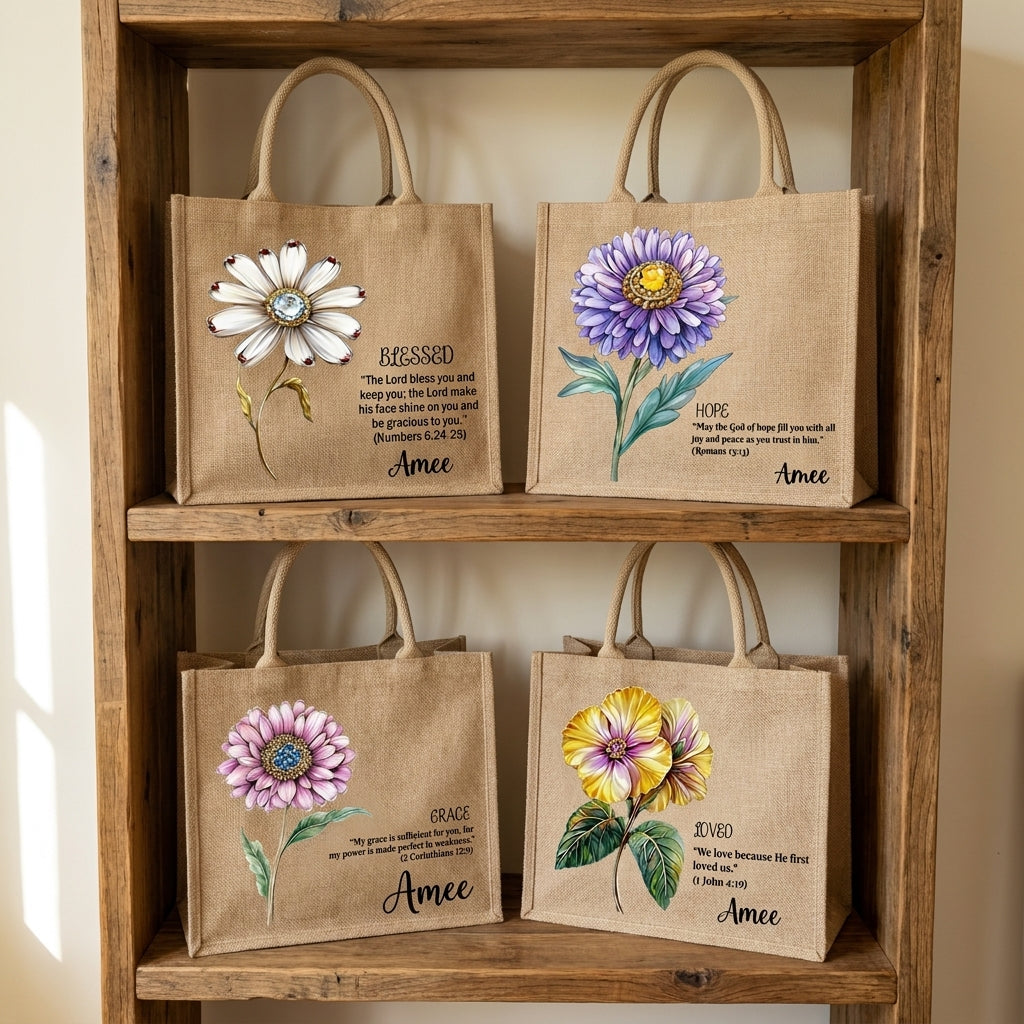 Birth Month Flower Bible Verse Personalized Jute Tote Bag