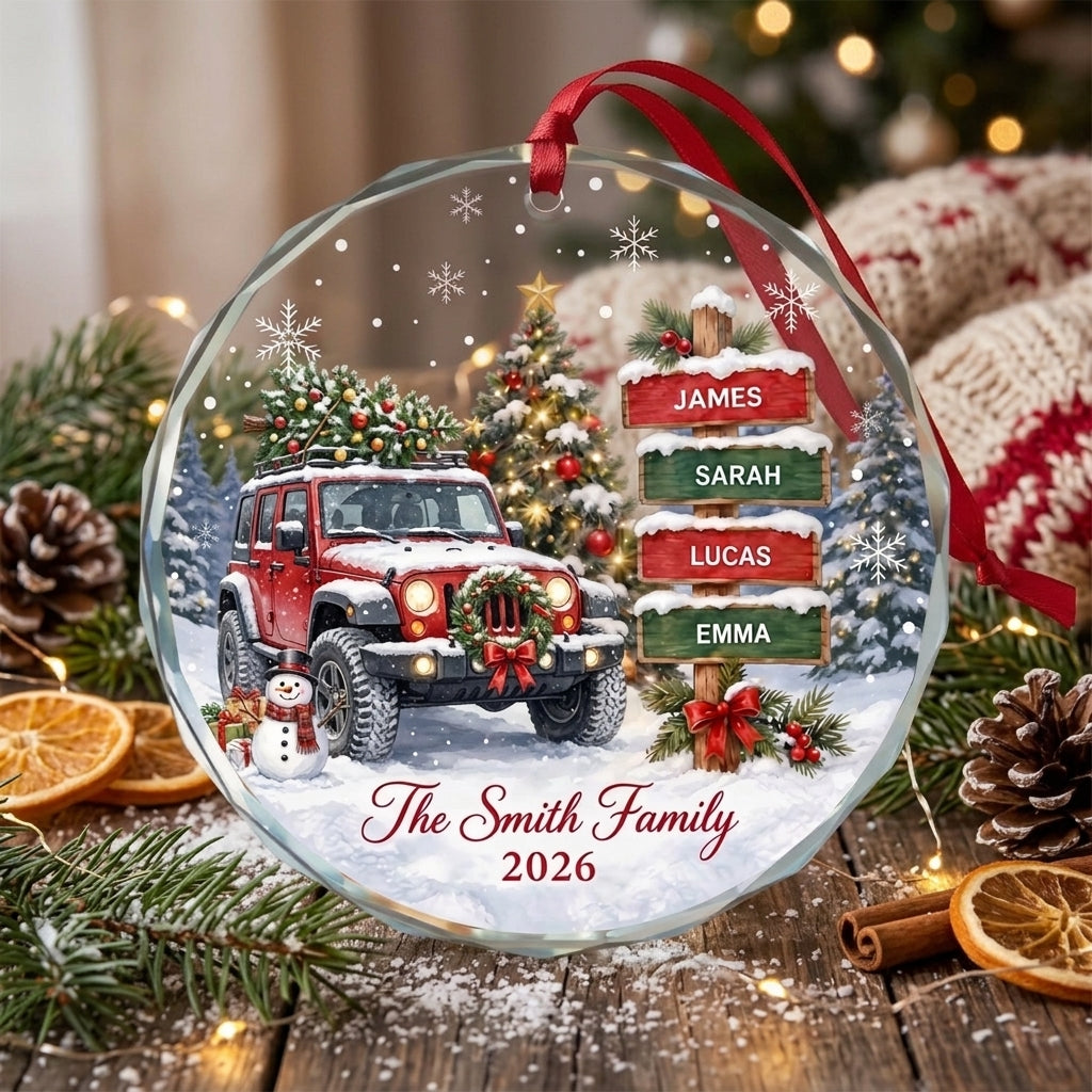 Personalized Jeep Family Christmas Glass Ornament