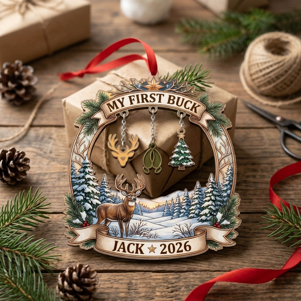My First Buck Winter Deer Scene Personalized Christmas Ornament