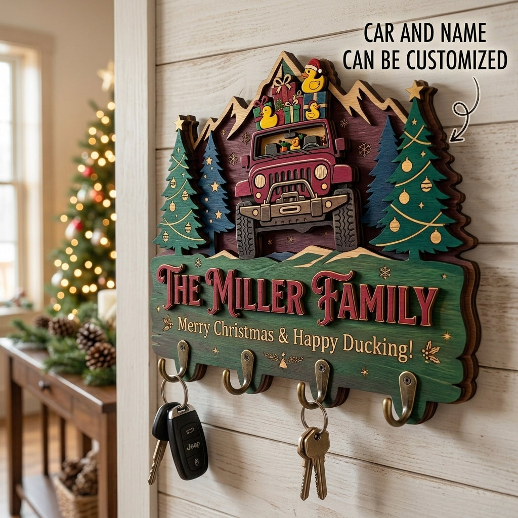 Merry Christmas & Happy Ducking Jeep Wood Key Holder