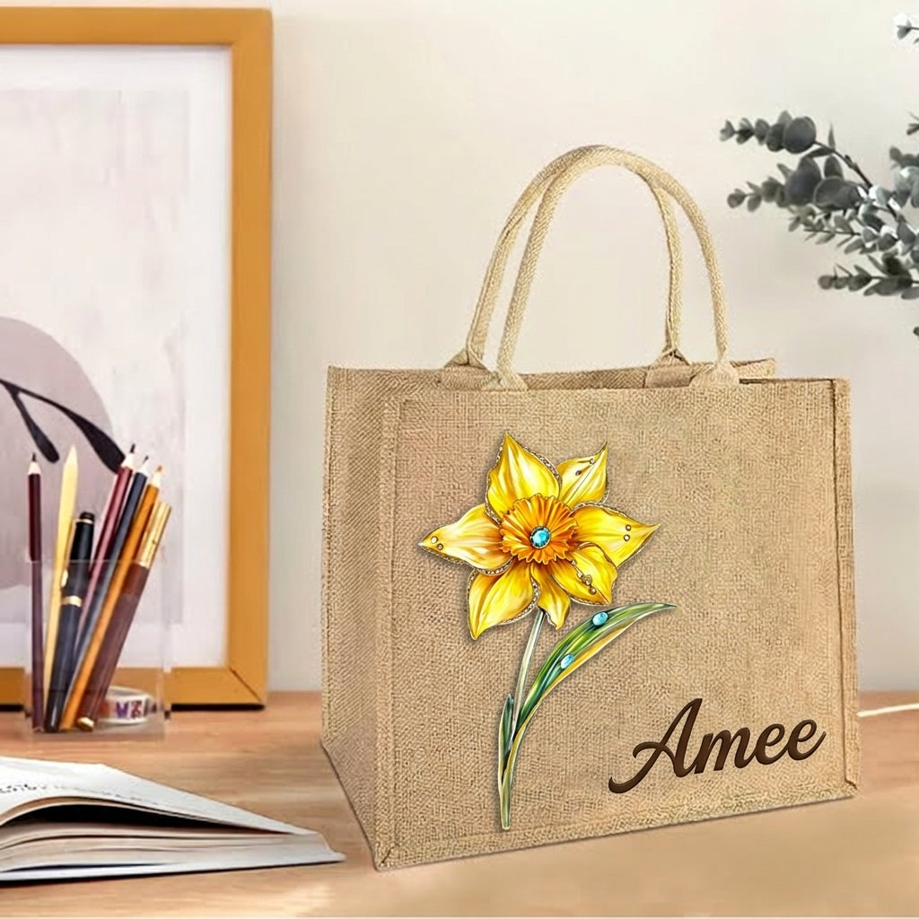 Birth Month Flower Personalized Jute Tote Bag