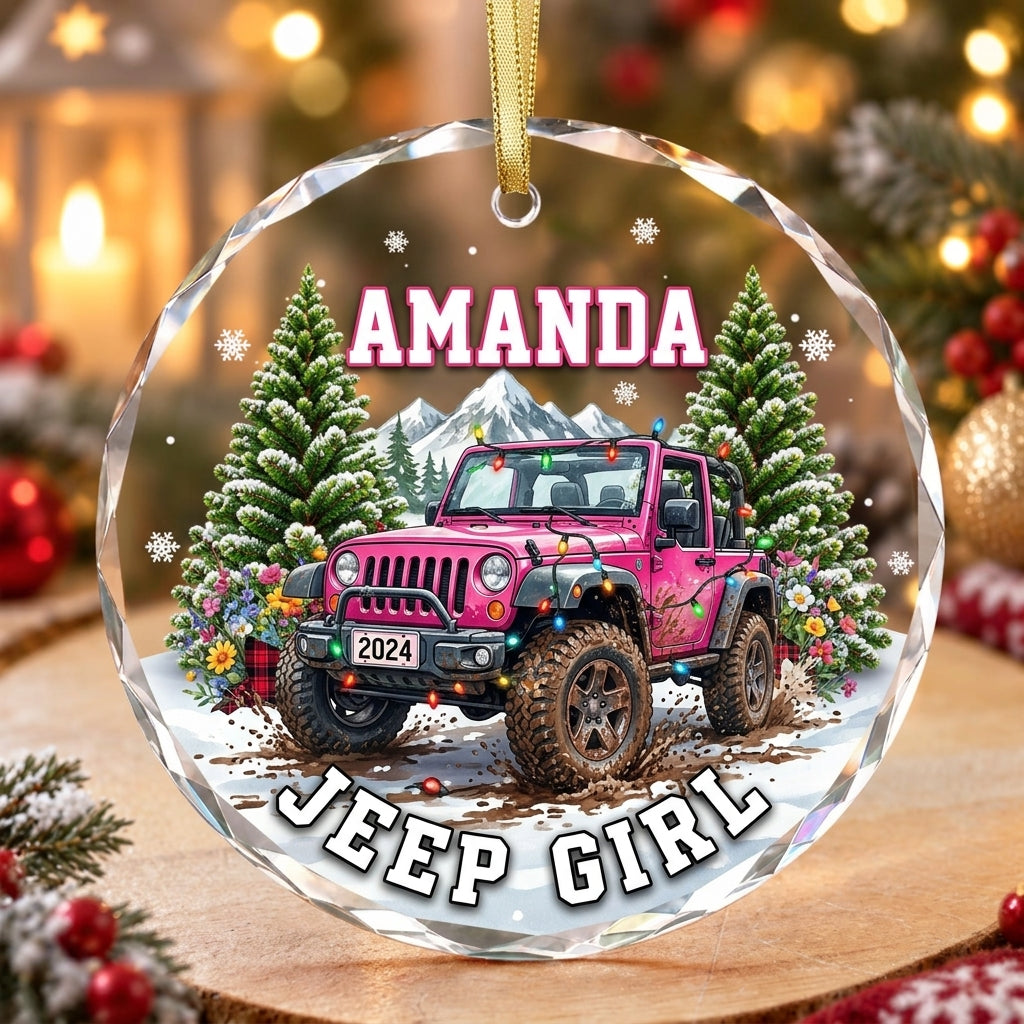 Pink Jeep Girl Personalized Christmas Glass Ornament