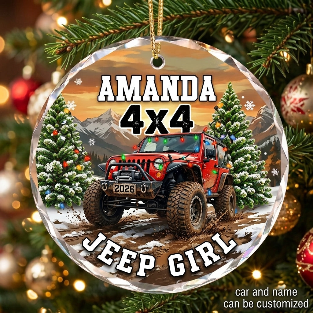 Jeep Girl 4x4 Personalized Christmas Glass Ornament
