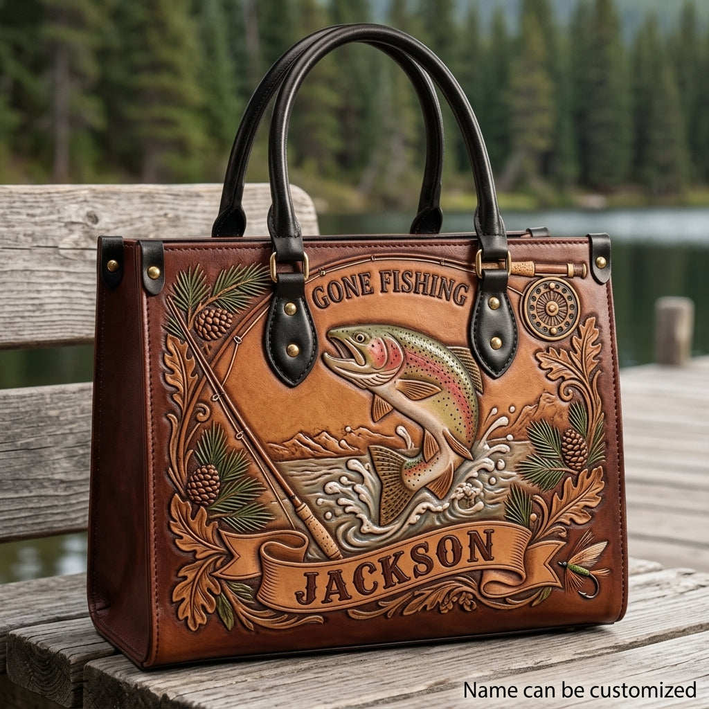 Gone Fishing River Trout Leather Bag + Free Wallet