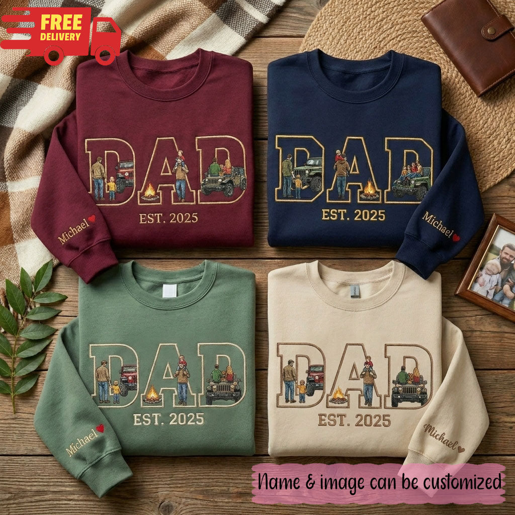 Personalized Dad with Photo Letters, Custom Sleeve Name Heart Embroidery, Faceless Portrait Sweatshirt
