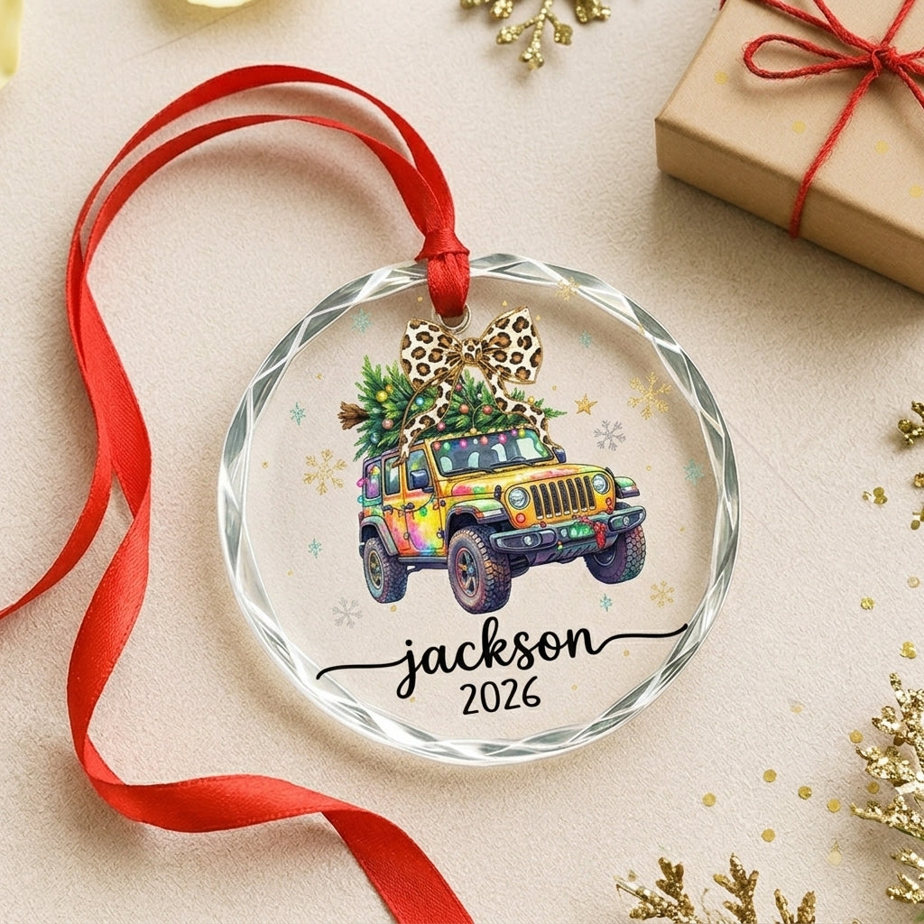 Jeep Snowy Adventure Personalized Glass Ornament