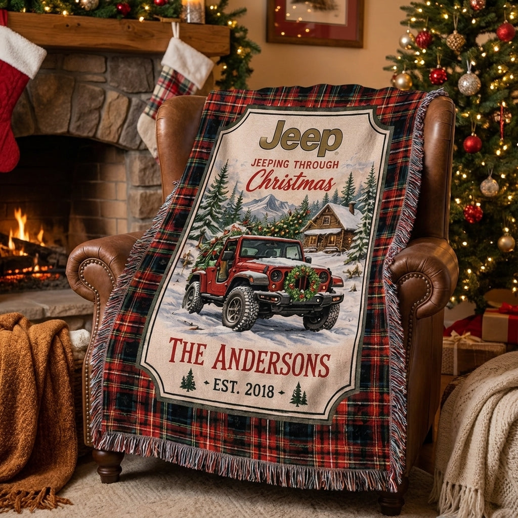 Jeeping Through Xmas Woven Blanket