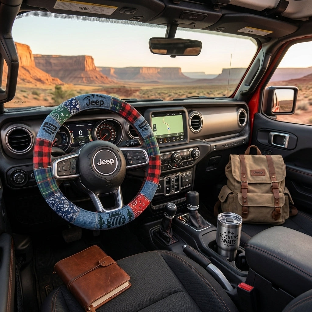 Rustic Plaid, Denim & Outdoor Adventure Design Steering Wheel Cover
