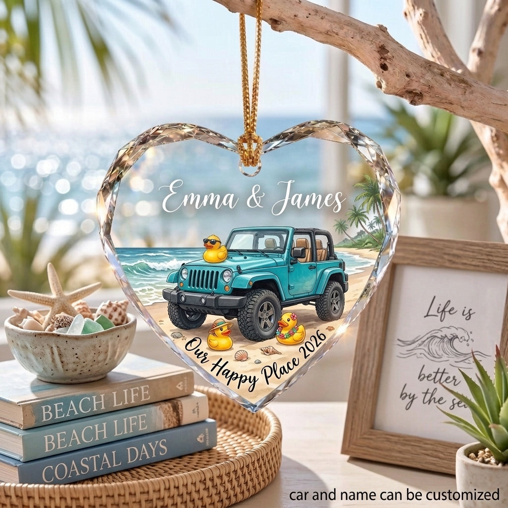Our Happy Place Jeep Glass Ornament