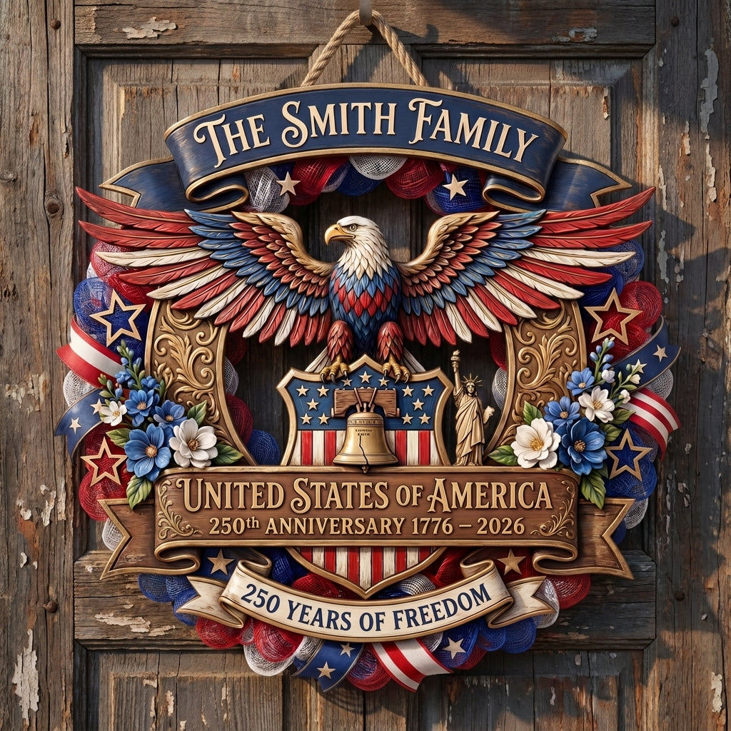 USA 250th Anniversary Wreath Personalized Custom Door Sign