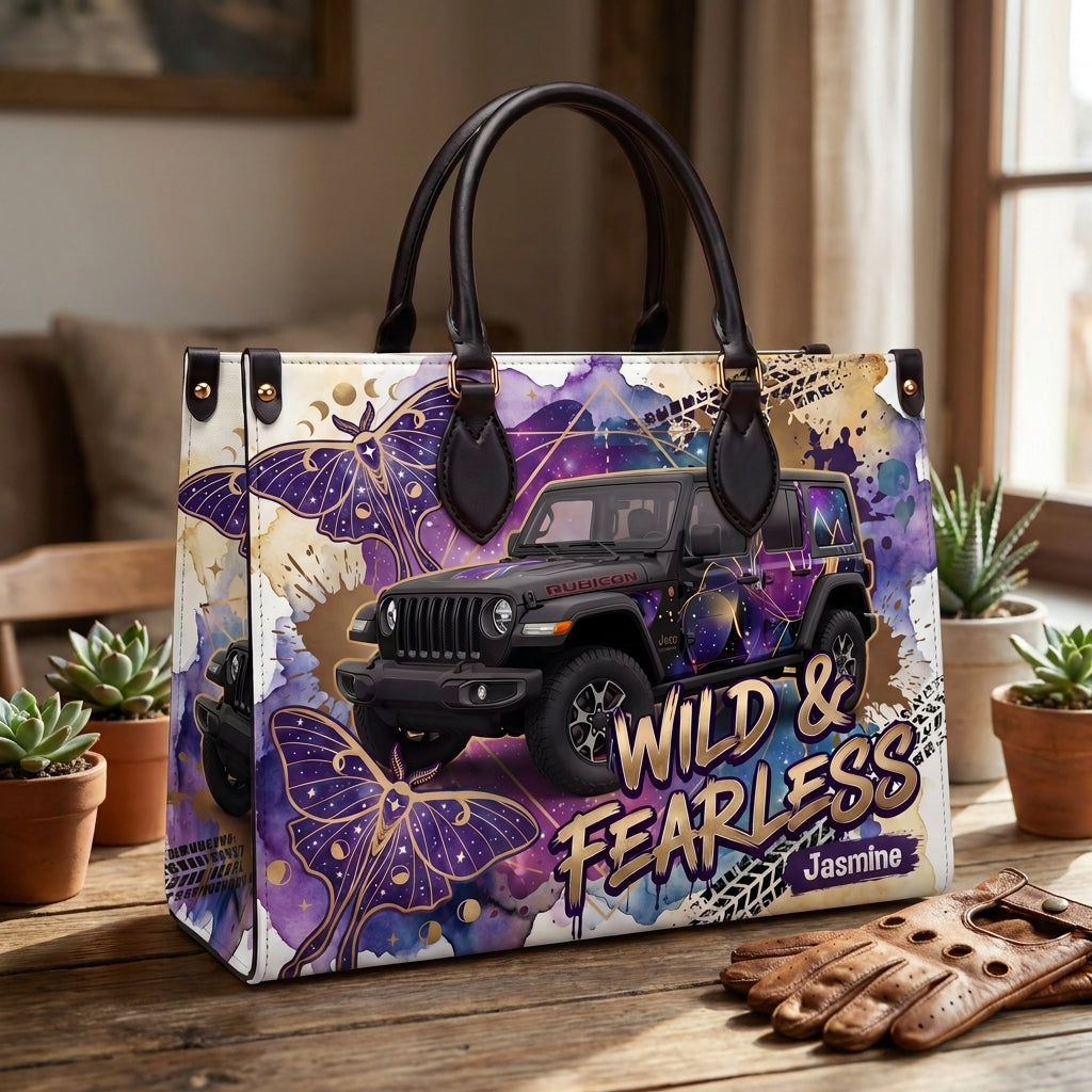 Wild & Fearless Purple Butterfly Jeep Personalized Leather Bag + FREE Wallet