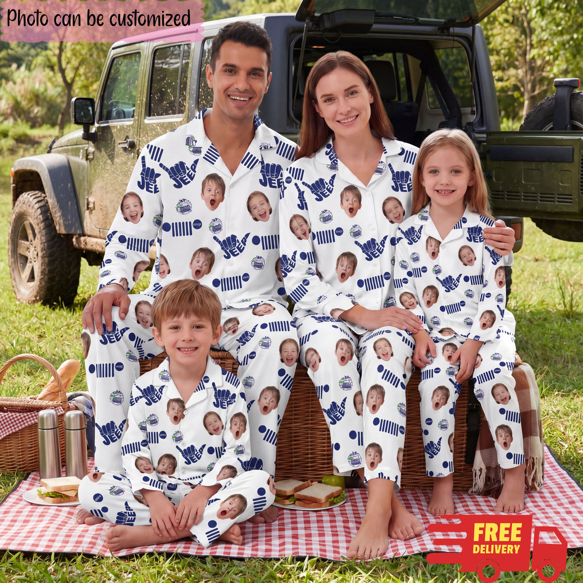 Jeep Family Photo Personalized Lapel Pajama Set