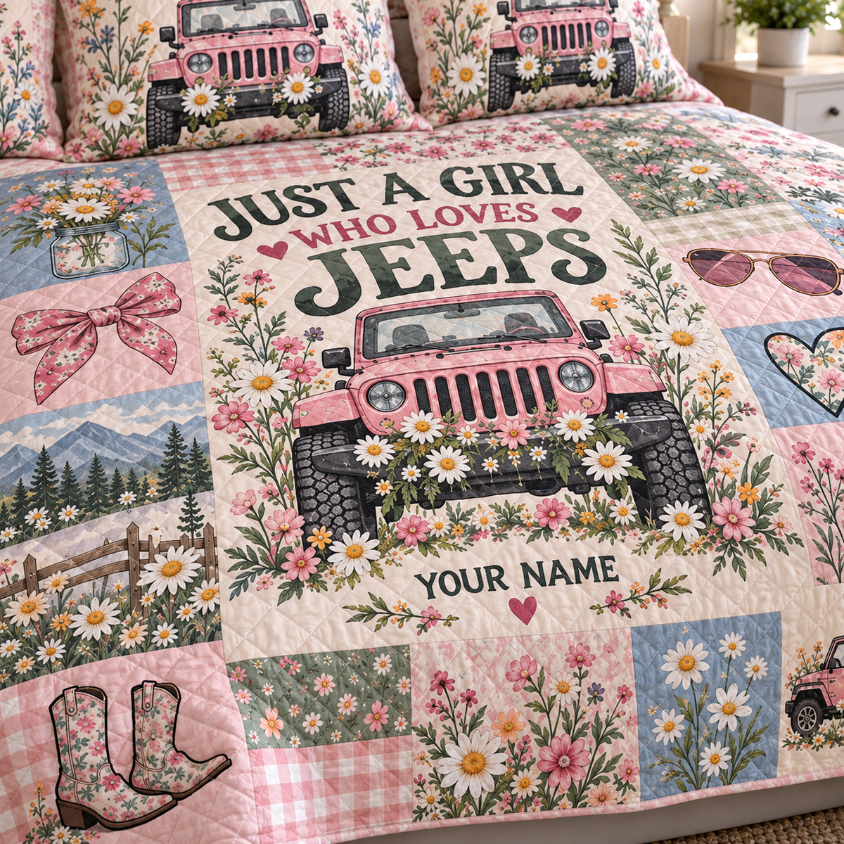 Jeep Girl Wildflower Personalized Quilt Bedding Set