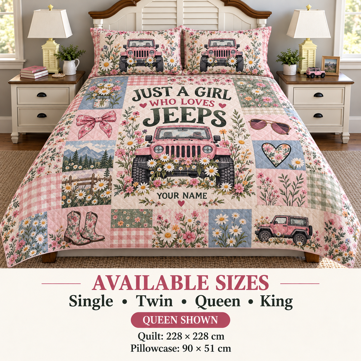 Jeep Girl Wildflower Personalized Quilt Bedding Set