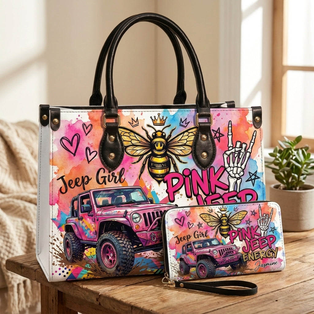 Pink Jeep Energy Personalized Leather Bag + Free Wallet
