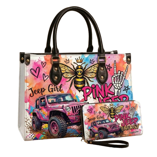 Pink Jeep Energy Personalized Leather Bag + Free Wallet