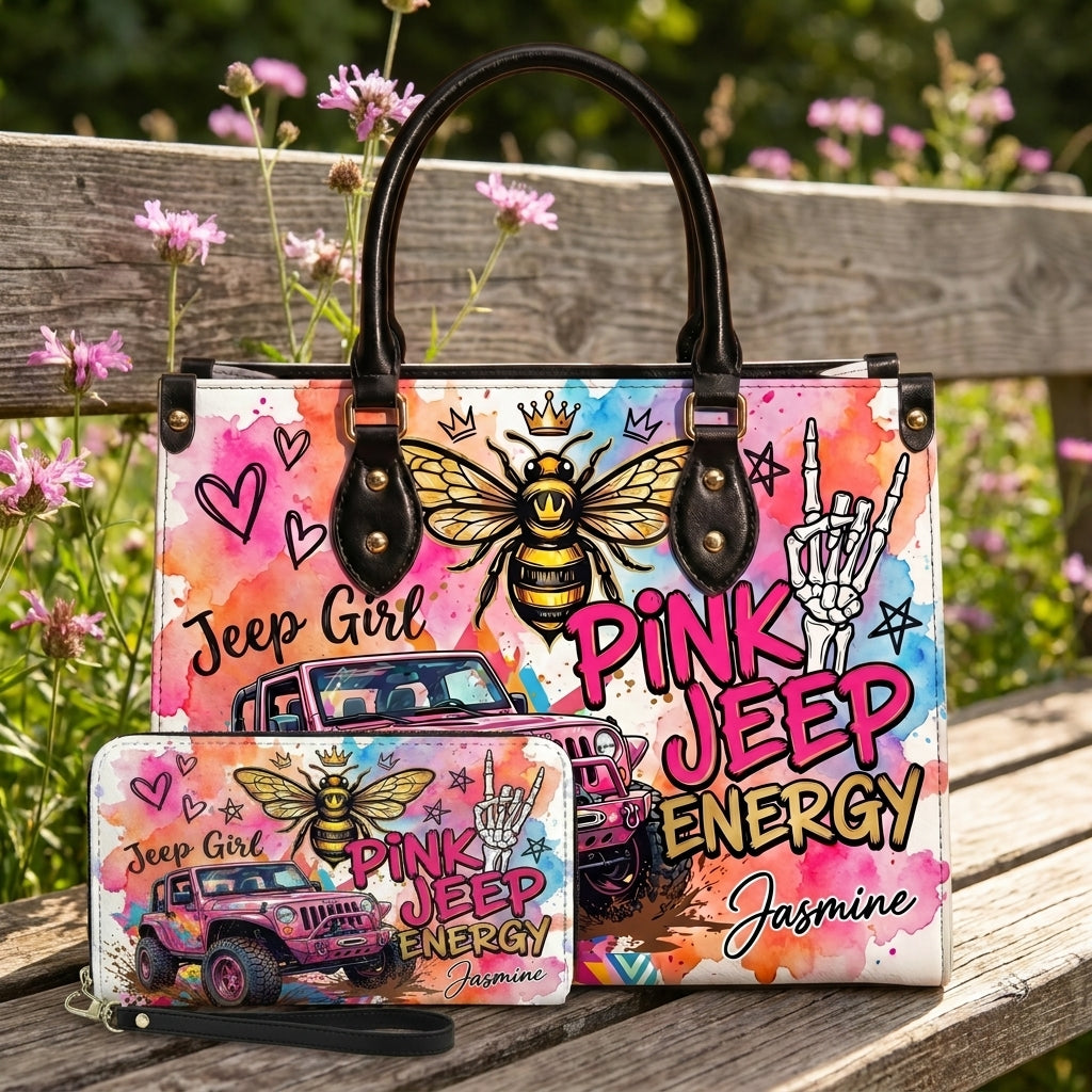 Pink Jeep Energy Personalized Leather Bag + Free Wallet