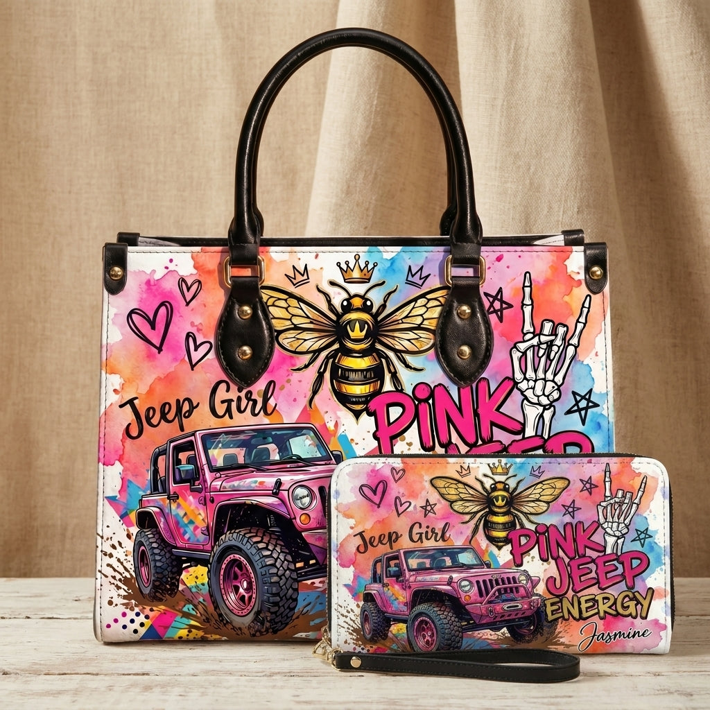 Pink Jeep Energy Personalized Leather Bag + Free Wallet