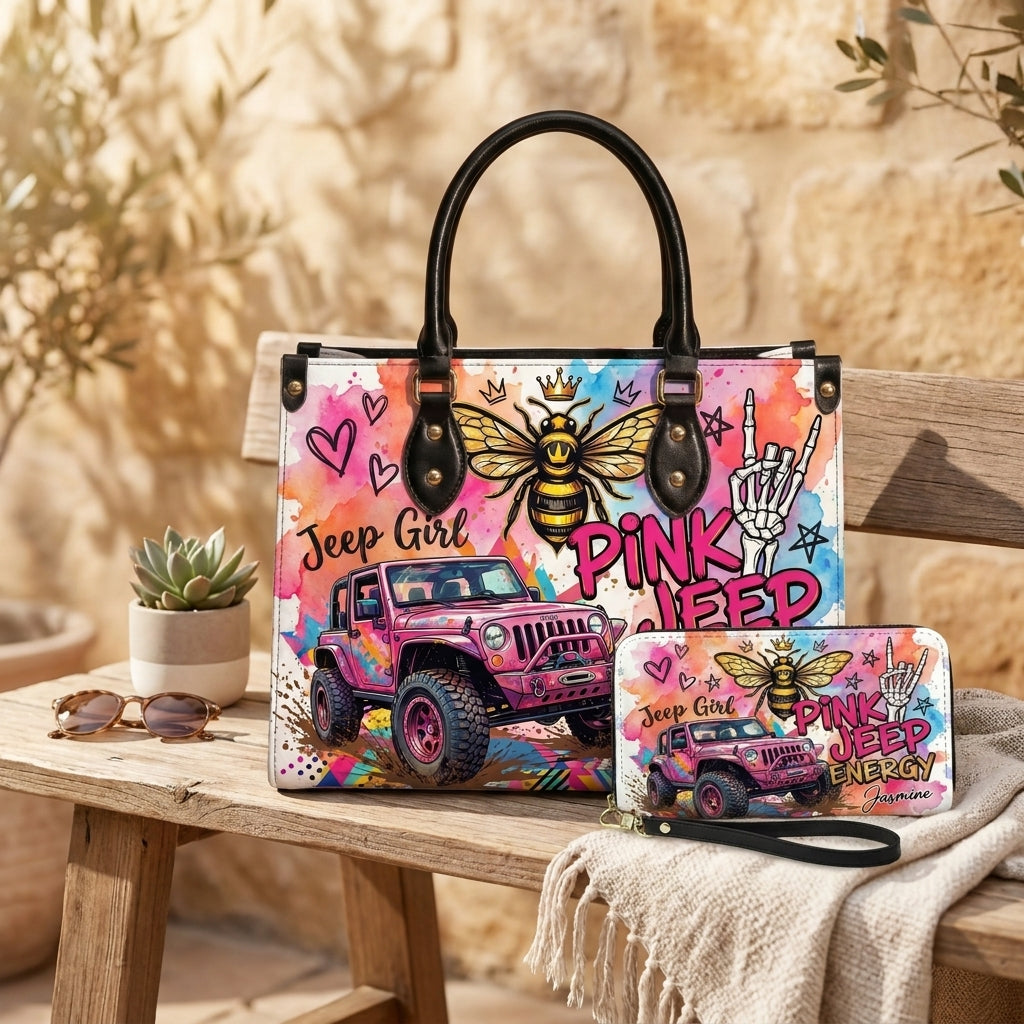 Pink Jeep Energy Personalized Leather Bag + Free Wallet