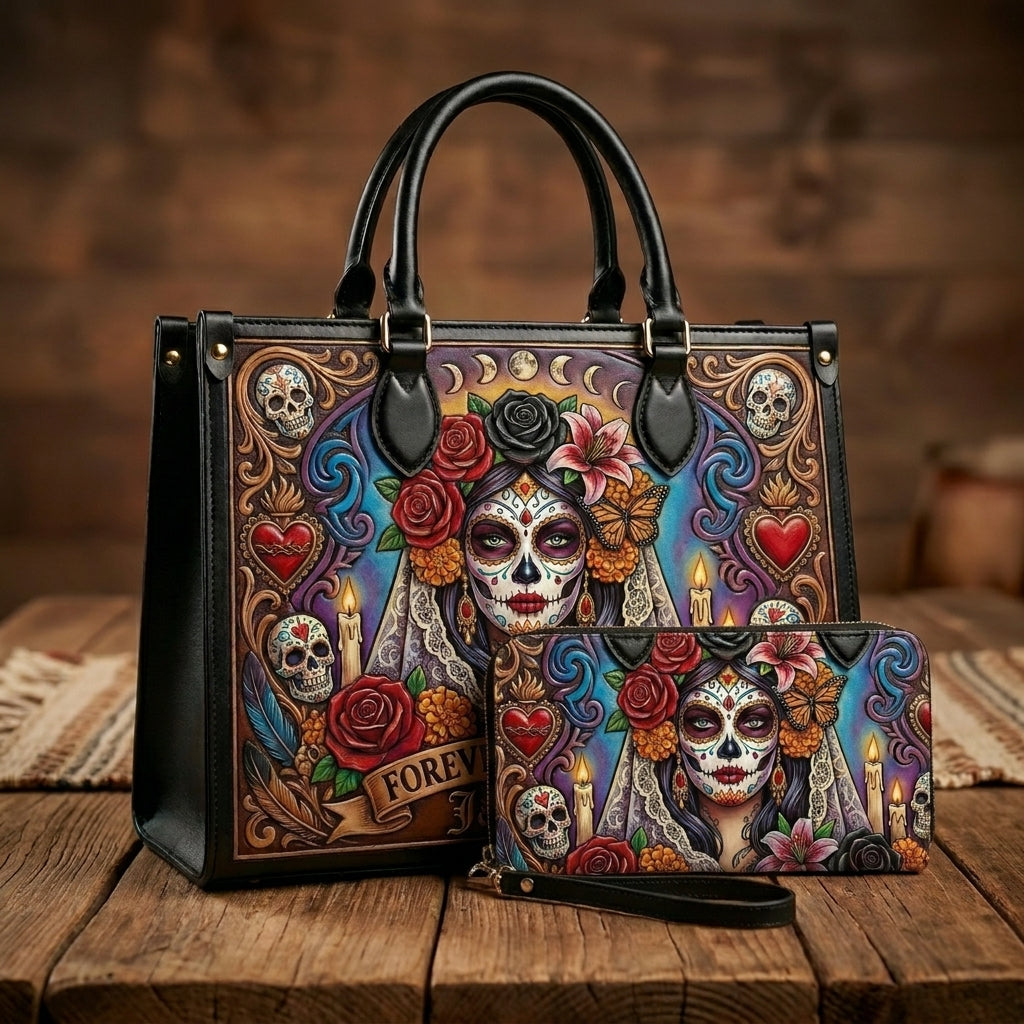Forever In Bloom Rose Skull Lady Personalized Leather Bag + Free Wallet