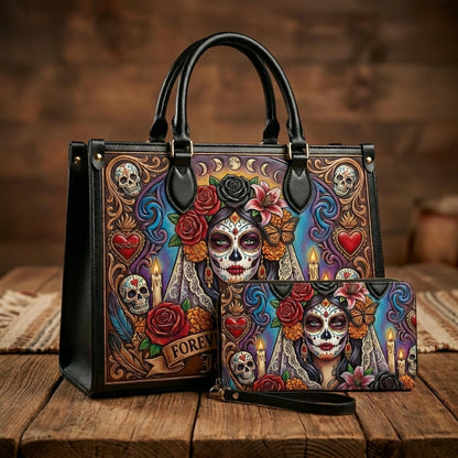 Forever In Bloom Rose Skull Lady Personalized Leather Bag + Free Wallet