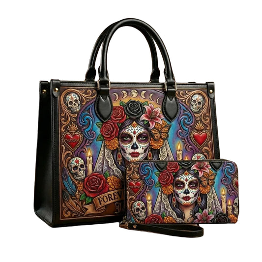 Forever In Bloom Rose Skull Lady Personalized Leather Bag + Free Wallet