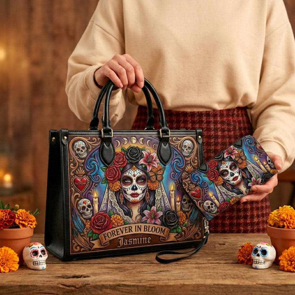 Forever In Bloom Rose Skull Lady Personalized Leather Bag + Free Wallet