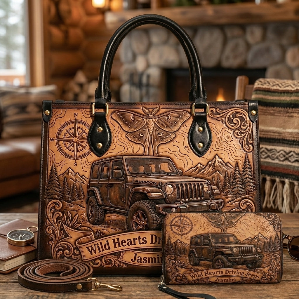 Wild Hearts Driving Jeep Personalized Leather Bag + Free Wallet