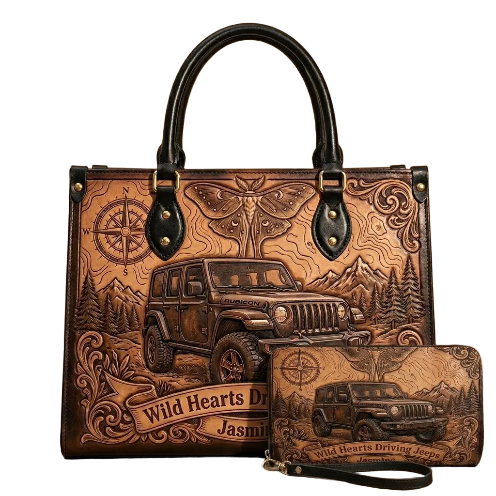 Wild Hearts Driving Jeep Personalized Leather Bag + Free Wallet
