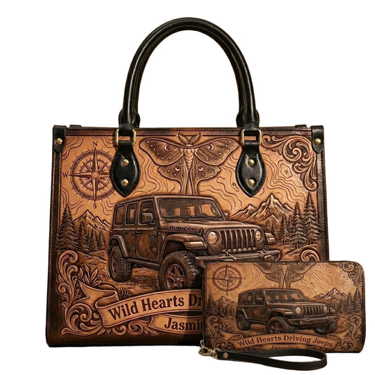 Wild Hearts Driving Jeep Personalized Leather Bag + Free Wallet