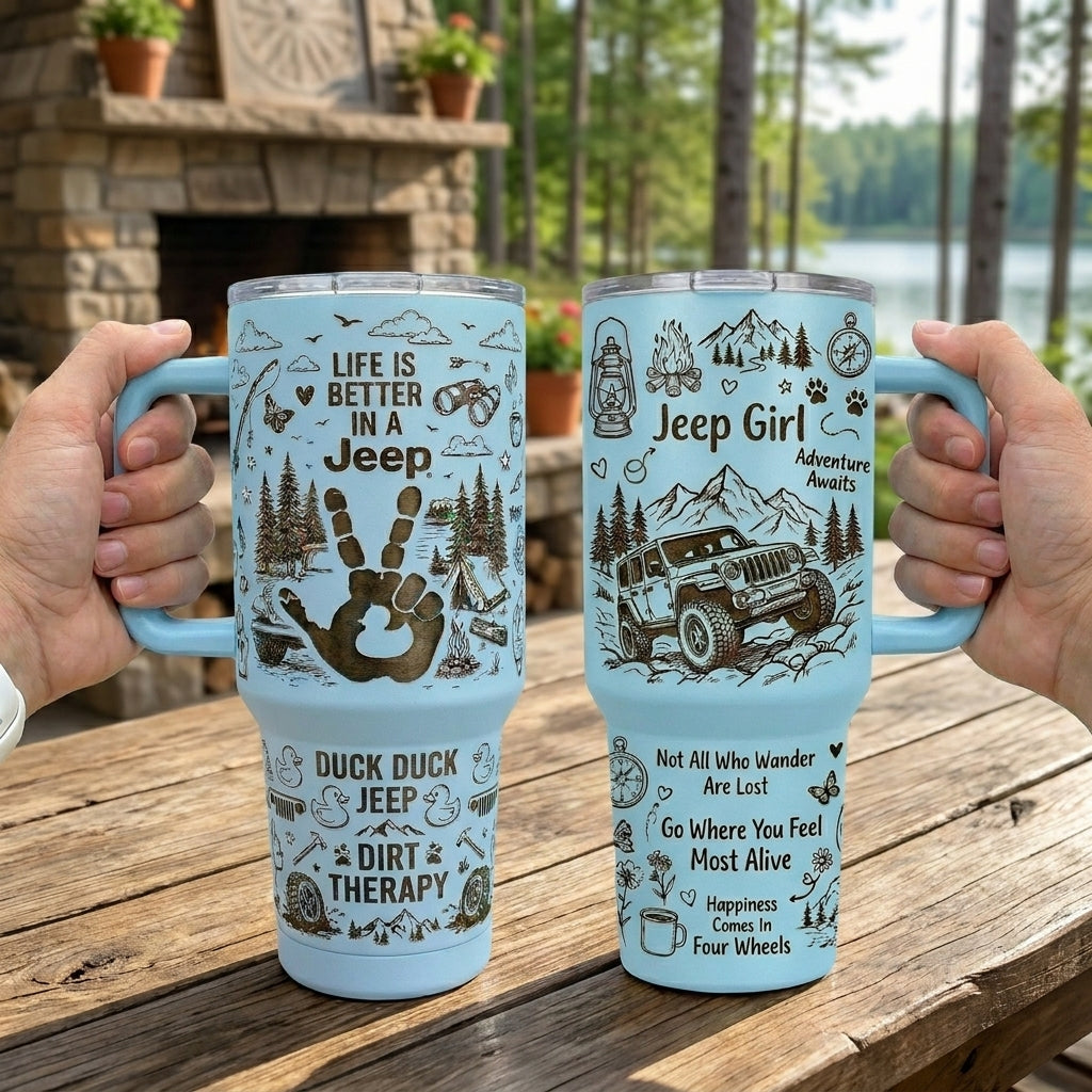 Jeep Girl Doodle Hand-drawn Engraving 40OZ Stainless Steel Tumbler With Handle