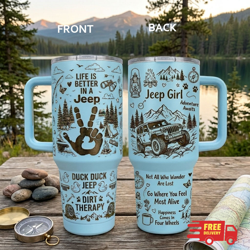 Jeep Girl Doodle Hand-drawn Engraving 40OZ Stainless Steel Tumbler With Handle