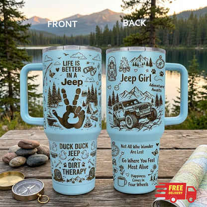 Jeep Girl Doodle Hand-drawn Engraving 40OZ Stainless Steel Tumbler With Handle