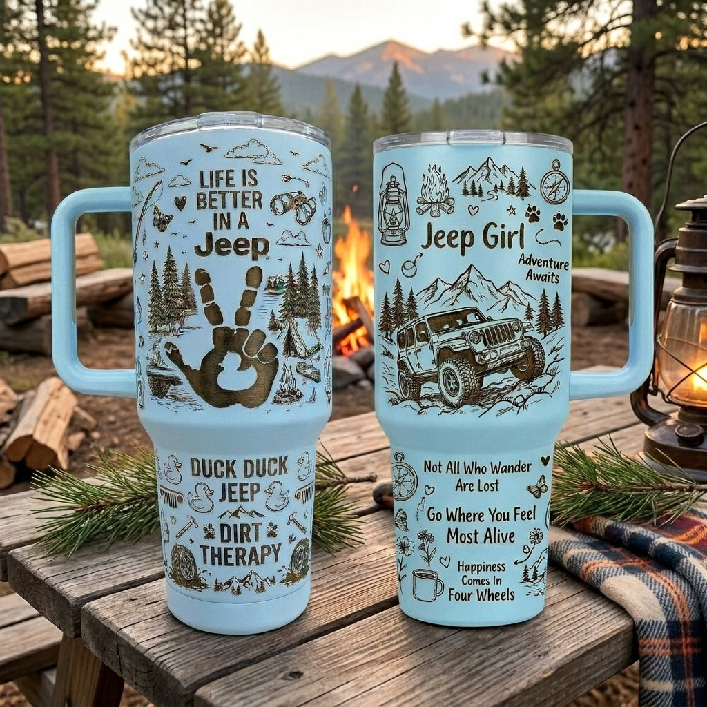 Jeep Girl Doodle Hand-drawn Engraving 40OZ Stainless Steel Tumbler With Handle