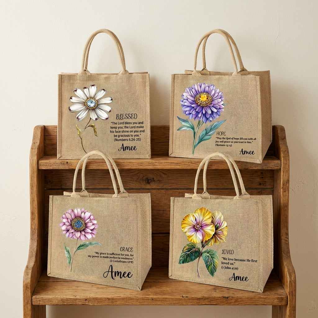 [Free delivery] Birth Month Flower Bible Verse Personalized Jute Tote Bag
