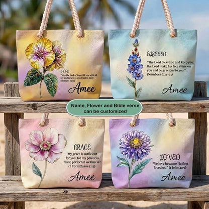 [Free delivery] Birth Month Flower Bible Verse Personalized Beach Bag