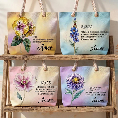 Birth Month Flower Bible Verse Personalized Beach Bag