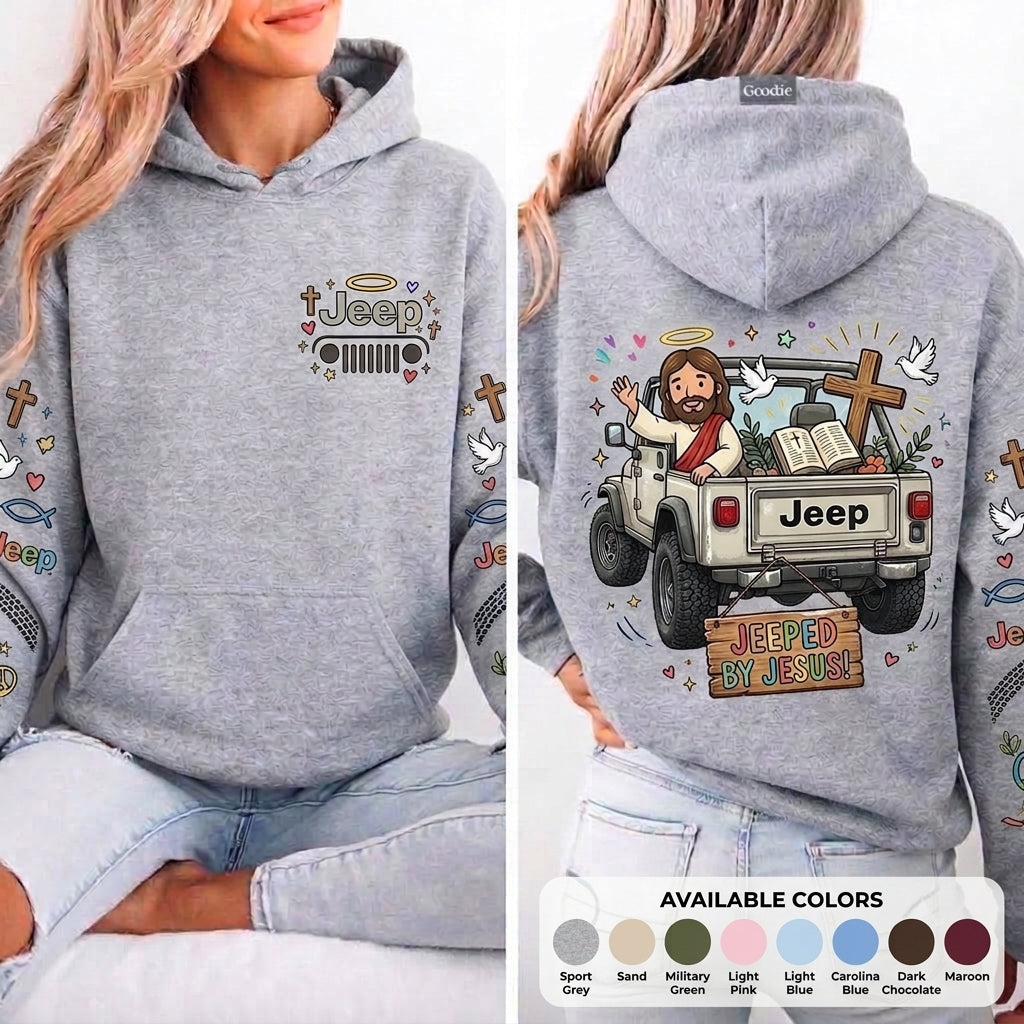 Jeeped by Jesus Hoodie, Christian Jeep Lover Pullover, Faith Inspired Off Road Sweatshirt