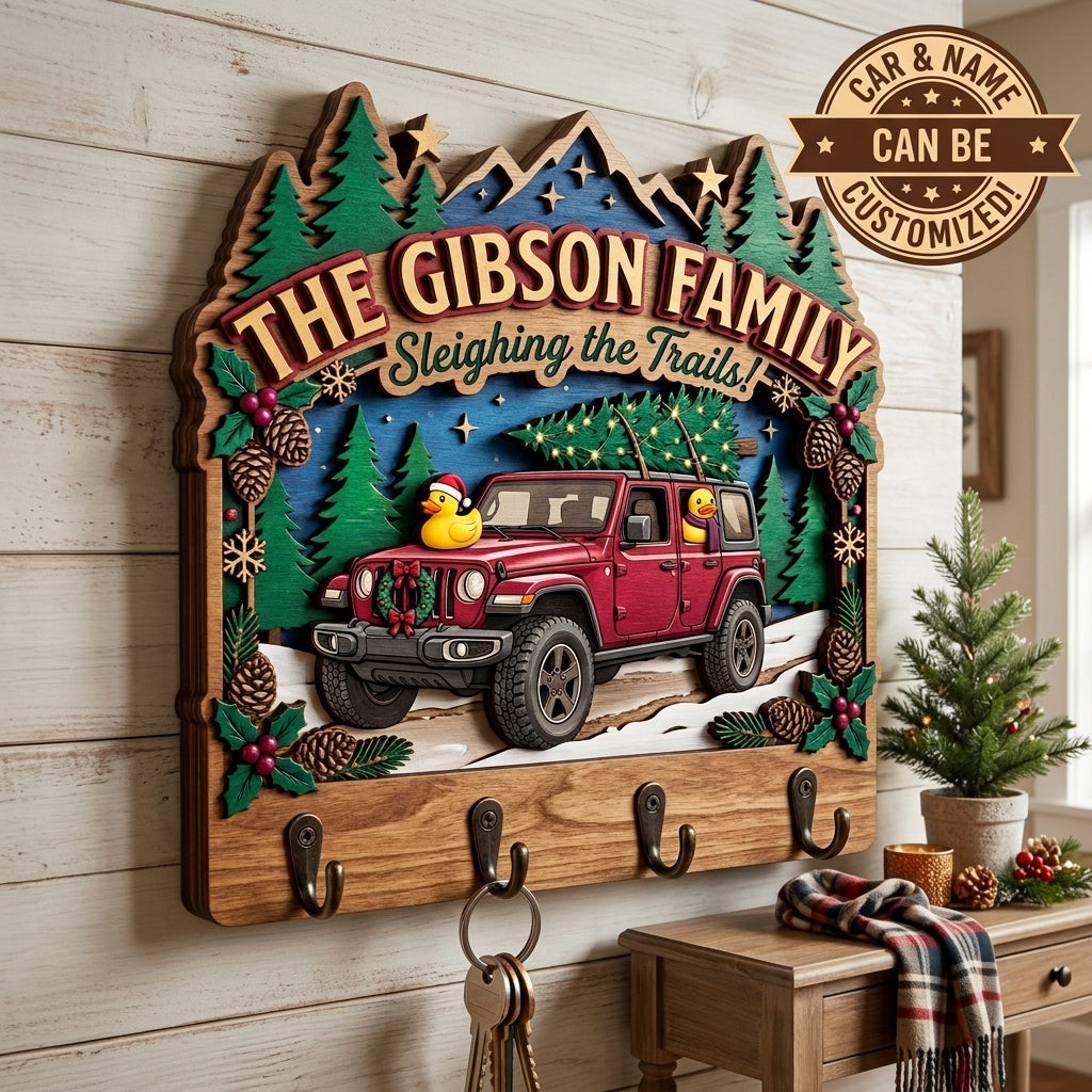 Sleighing the Trails Christmas Jeep Wood Key Holder