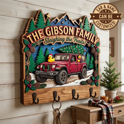 Sleighing the Trails Christmas Jeep Wood Key Holder