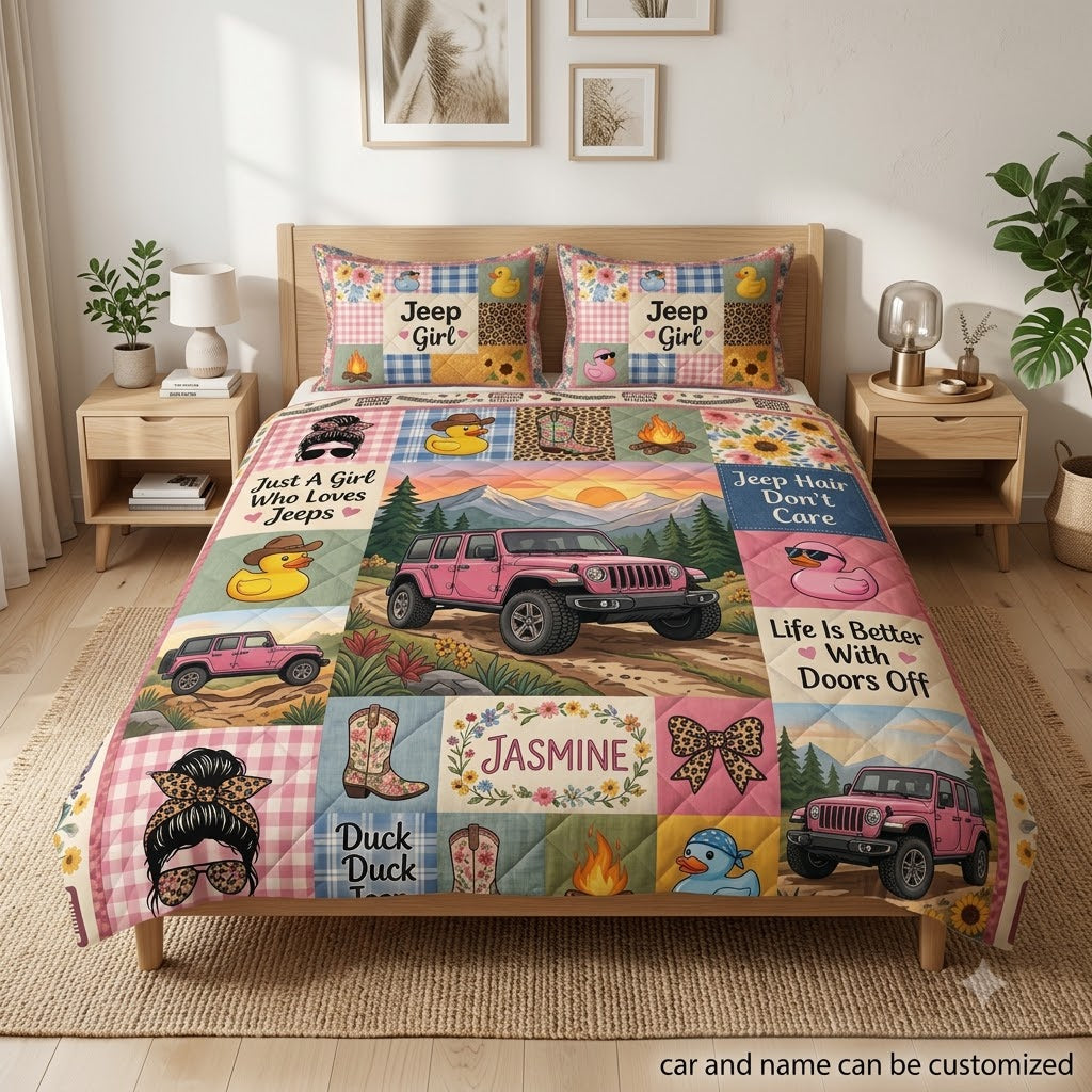 Jeep Girl Pink Jeep Personalized Quilt Bedding Set