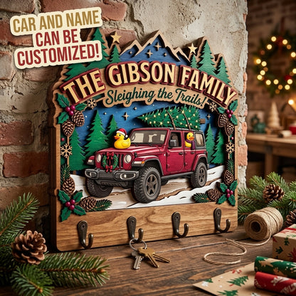 Sleighing the Trails Christmas Jeep Wood Key Holder