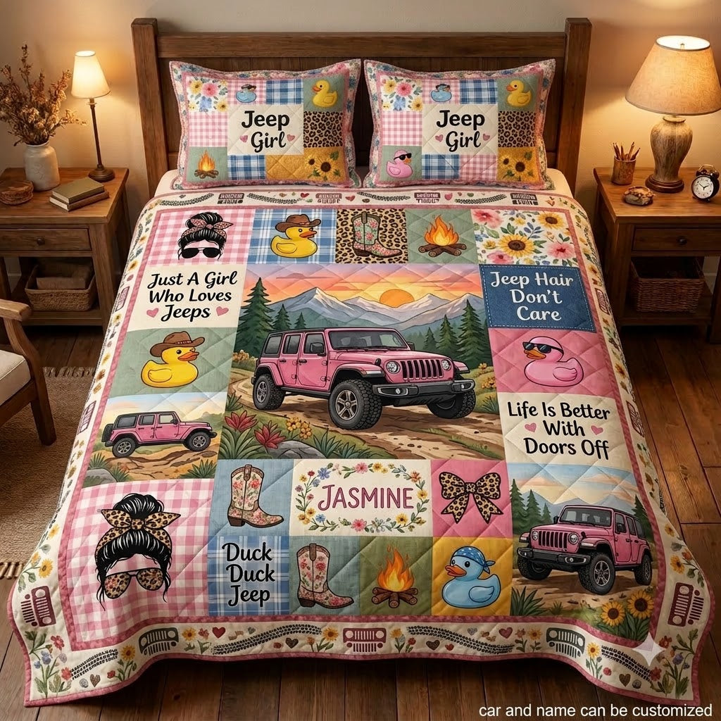 Jeep Girl Pink Jeep Personalized Quilt Bedding Set
