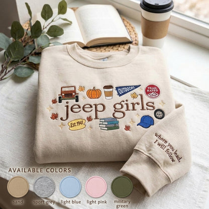 Jeep Girls Embroidered Sweatshirt, Fall Adventure Graphic Crewneck, Jeep Lover Gift for Women