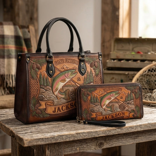 Gone Fishing Trout Leather Bag + Free Wallet