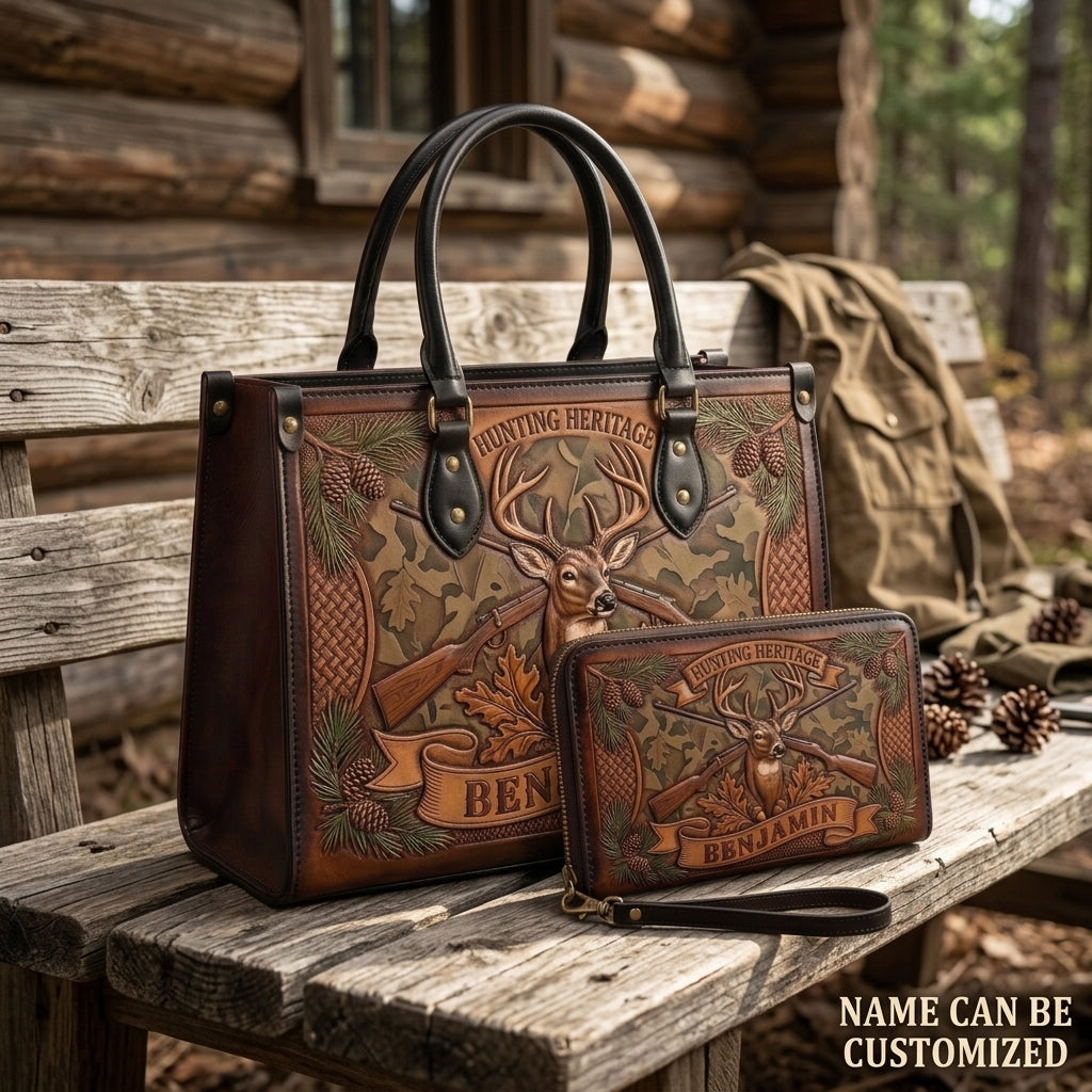 Hunting Heritage Camo Deer Leather Bag + Free Wallet