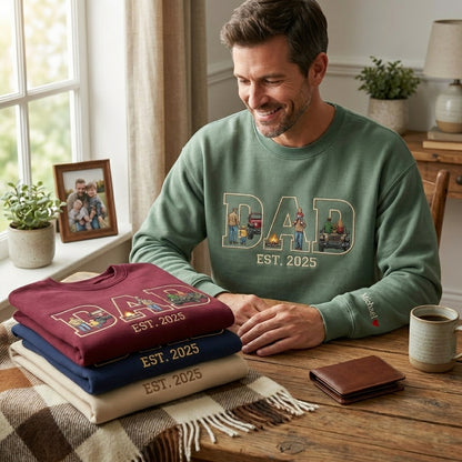 Personalized Dad with Photo Letters, Custom Sleeve Name Heart Embroidery, Faceless Portrait Sweatshirt