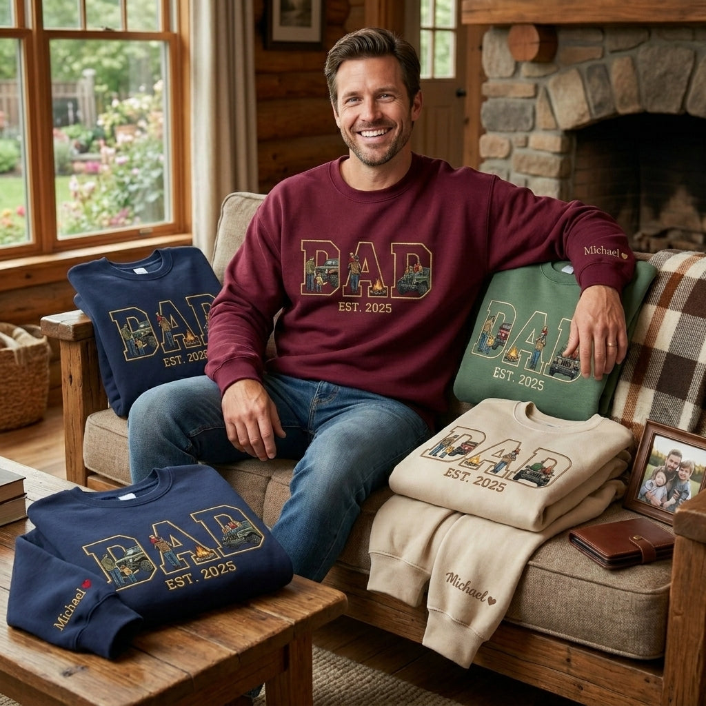 Personalized Dad with Photo Letters, Custom Sleeve Name Heart Embroidery, Faceless Portrait Sweatshirt