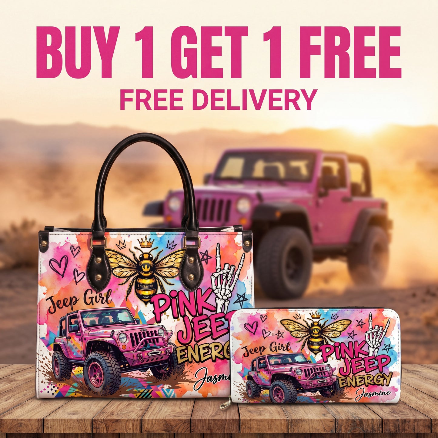Pink Jeep Energy Personalized Leather Bag + Free Wallet