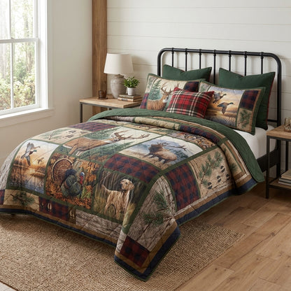 Hunting Wildlife & Forest Camo Quilted Bedding Set